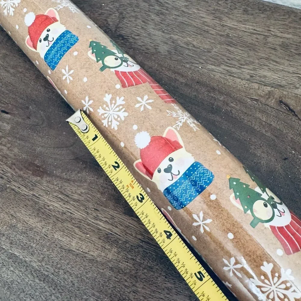 Christmas Frenchie Dogs in Glasses Snowflakes Tan Gift Wrap Wrapping Paper Roll